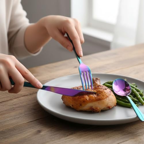 Image of Mirror Polished Rainbow 20 Pcs Stainless Steel Cutlery Set for Dining Table, Dishwasher Safe Glossy Flatware (5 Spoon Set + 5 Forks Set + 5 Butter Knife + 5 Dessert Spoon)