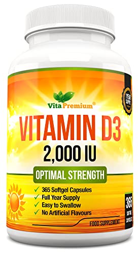 Vitamin D 2,000 IU, Optimal Strength Vitamin D3 Supplement, 365 Easy to Swallow Softgels - Full Year Supply