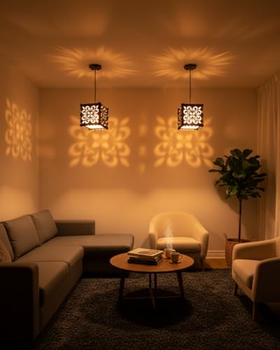 Image of Pendant Light, Wooden Floral Pattern Shade, Decorative Ceiling Lamp | for Home Living Room Decor