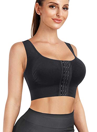 Traininggirl Front Closure Sports Bra For Women Wirefree Padded Support Workout Crop Tank Tops Compression Longline Yoga Bra (Black, Medium/Large) #TOP2