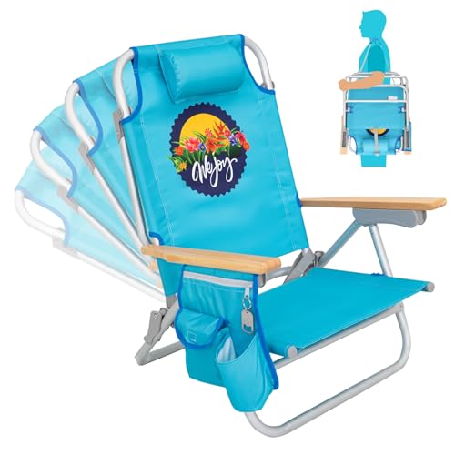 #WEJOY Beach Chair with 4 Positions for Adults Portable Backpack Aluminum Beach Chair with Wooden Armrest Lightweight Folding Chairs with Back Pocket Bag for Lawn Pool Patio Camping (Blue)