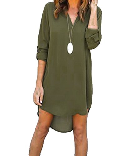 Moon Angle Frauen Herbst beiläufige lose V Ausschnitt Langarm Solide Asymmetrische Chiffon Kleid Tops Bluse (Grün, 3XL) Cover