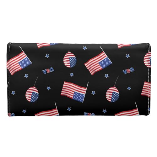Image of AFPANQZ Women's Leather Wallet Women Wallets, USA Star Print Soft Leather Trifold Large Capacity Ladies Travel Purse Dust Resistnt Wallet