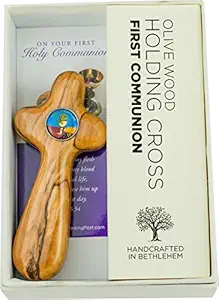 Holy Land Olive Wood Deluxe Holding Cross from Israel, First Communion Wooden Cross for Girls and Boys, First Communion Keepsake Gift in Hard Shell Gift Box with Certificate of Authenticity
