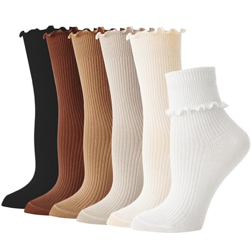 BONANGEL Ruffle Socks Woman,White Ruffle Frilly Socks Women,6 Pairs Cute Turn-Cuff Lettuce Edge Ankle Socks