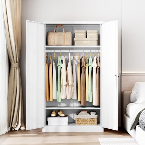 Image of Letaya Metal Wardrobe Cabinets with Lock,Clothing Locker 72 inch X 36 inch X 18 inch Storage Cabinets for Home Room,Fire Department, School, Employee,Gym,Government (White)