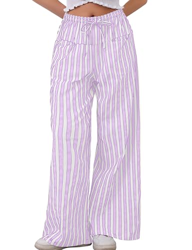 Image of MISSACTIVER Women Drawstring Striped Pants Loose Wide Leg Trousers Casual Low Waist Pants Comfy Lounge Pants with Pockets