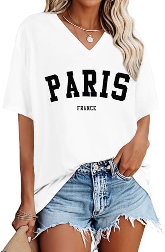 Oversized Tshirts for Women V Neck Short Sleeve Summer Casual Bas...