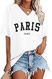 Oversized Tshirts for Women V Neck Short Sleeve Summer Casual Basic Loose Tops, White Black Letters, L