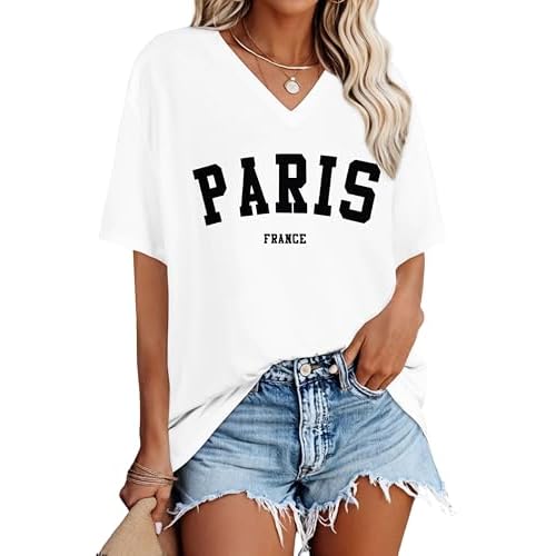 Oversized Tshirts for Women V Neck Short Sleeve Summer Casual Basic Loose Tops, White Black Letters, S