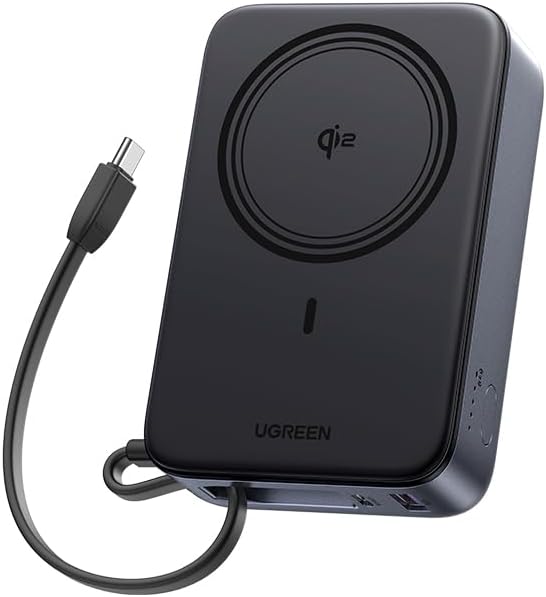 UGREEN 20000mAh Wireless Power Bank with 30W PD Fast Charging and Qi2 15W, Portable Battery Pack for iPhone with Built-in USB-C Cable, External Portable Battery Compatible with iPhone 17/16/15, Galaxy