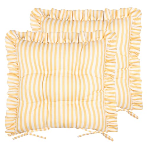 Wylder Millie Ruffle Seat Pads – Pack of 2 – Heritage Stripe Indoor Outdoor Dining & Patio Chair Cushions with Ties (Yellow - 40x40cm)