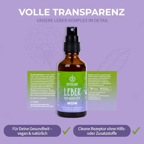 BitterLiebe® Leber* Komplex Spray - Leberkur*, natürliche Unterstützung der Leberfunktion* mithilfe von Cholin - hochdosiert mit Mariendistel Artischocke Löwenzahn und Bitterstoffen