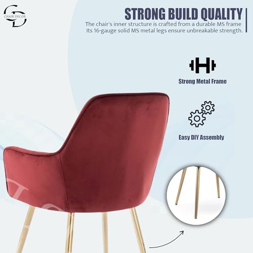 Image of Velvet Accent Chair with Matching Pouffe & Floral Cushion | Modern Upholstered Armchair with Gold Metal Legs | Lounge Chair for Living Room, Bedroom, Office, Guest Room (Red)