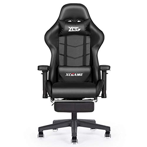 Gaming Stuhl, Bürostuhl mit Fußstütze, Ergonomisches Design, Kunstleder PC Stuhl Drehbar, Höhenverstellbar Gaming Chair mit Kopfstütze