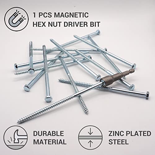 SKIR'CO (6 pcs) DIN 571 Zinc Plated Steel Hexagon Wood Screws M6 x 140 mm, Coach Screws, Hex Screw, Lag Bolts (With Magnetic Hex Bit) - Image 3