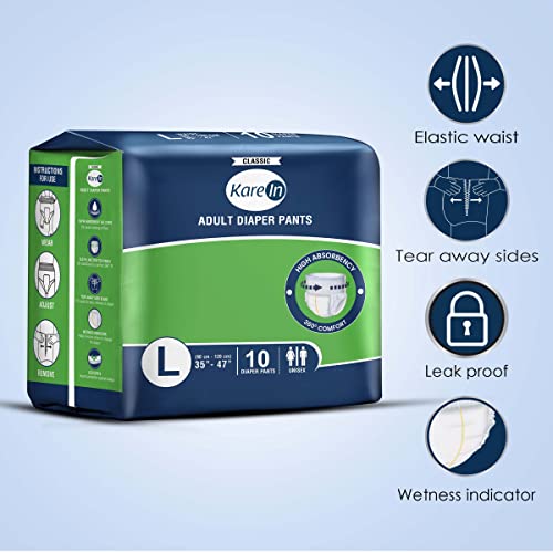 KareIn Classic Adult Diaper Pants, Large 90-120 Cm (35"- 47"), 120 Count, Unisex, Leakproof, Elastic Waist, Wetness Indicator, Pack of 12