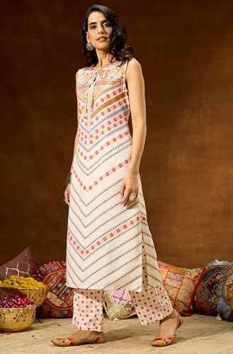 Image of Janasya Women's Cream Cotton Blend Floral Printed Straight Co-ord Set