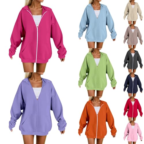 LAMIEN Zipper Hoodies For Women,Womens Zip Up Hoodies 2026 Casual Y2K Oversized Sweatshirts Long Sleeve Basic Fall Winter Clothes Jackets With Pockets,Hot Pink,L