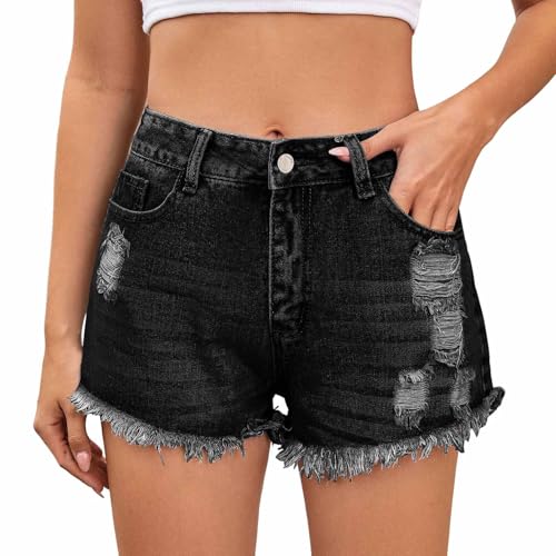 Generisch Shorts Damen Jeans Casual Ripped Jeans Shorts Sommer High Waist Kurze Jeans mit Taschen Stretch Kurze Hose Damen Hotpants 001 Schwarz XL