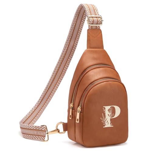 Viverte Crossbody Bags for Women Initial Sling Bag Cross Body Fanny Packs Personalized Gifts for Mom Women Wife (Brown-P)