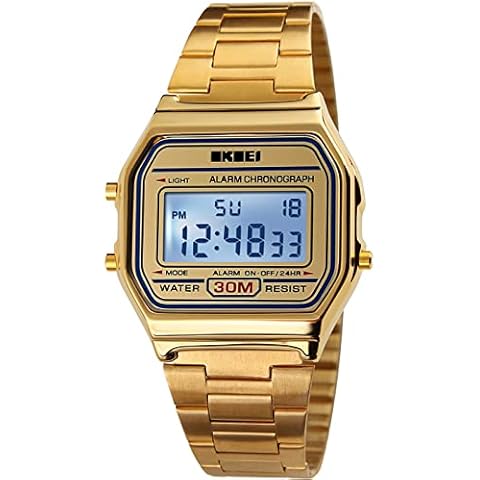 PASOY Men's Digital Gold Stainless Steel Watch Backlit Multifunction Stopwatch Waterproof Sport Watches Reloj (Gold) Cover