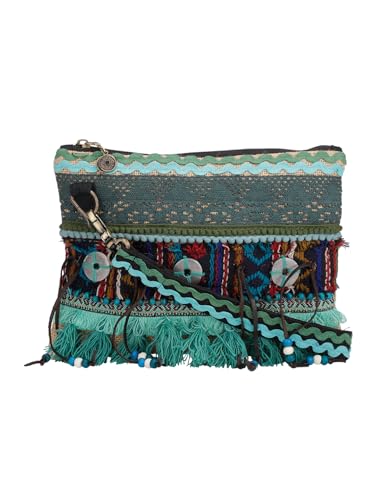 Image of The House of tara Cross Body Sling Bag with Embellishments and Tassels /Trims | Internal Zip Pocket | Jute Crossbody Bag in Multi Colour with Zip Closure | Handmade.