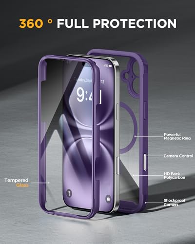 Image of Miracase Magnetic for iPhone 16 Plus Case Full-Body Phone with Built-in Glass Screen Protector, [Compatible with MagSafe] Military Drop Proof 16 Plus Cover 6.7 inch, Purple