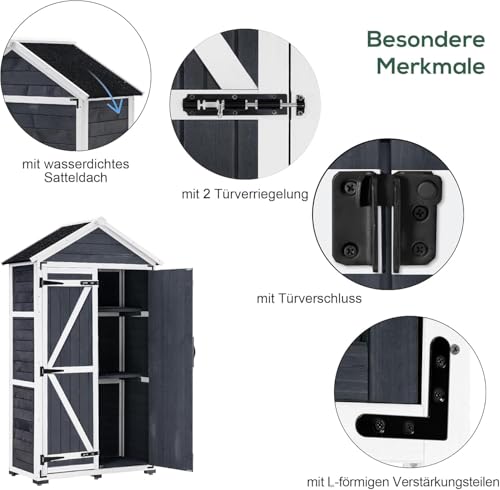 Foto von MCombo Gartenschrank Geräteschuppen Werkzeugschrank Outdoor-Schrank Gartenbox mit Satteldach aus Holz Grau/Natur 1000EY, 48 X 90 X 178 cm (Grau)