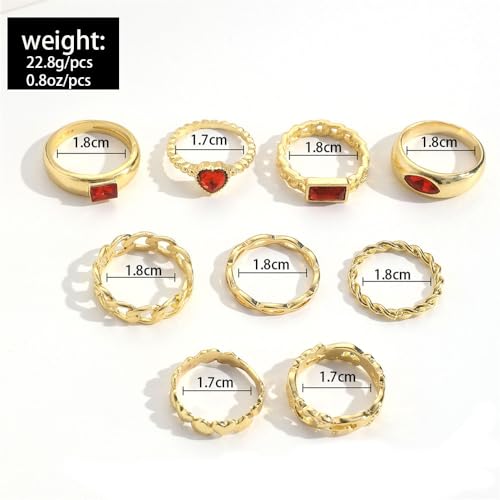 Red Stackable Rings Set for Women,9pcs Crystal Heart Chain Finger Ring Pack,Cute Gold Statement Knuckle Rings,Charm Jewelry Accessories Gifts2
