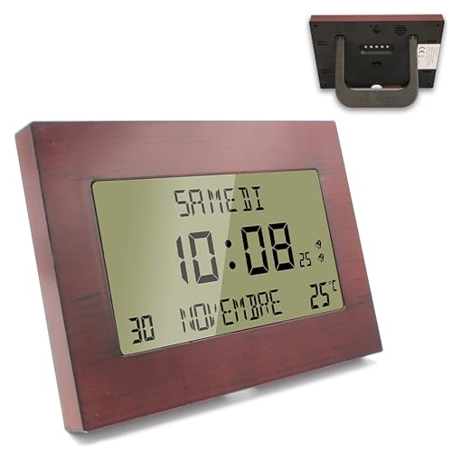 FISHTEC Reloj Despertador Radiocontrolado - Calendario con Fecha Día y Hora - Números Grandes - 8 Idiomas - Temperatura - 23 x 16 cm - De Pared o de pie - Motivo de Mader
