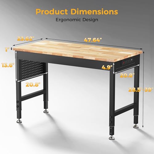 Image of CAMMOO 48 inch Adjustable Heavy Duty Workbench, 2000 LBS Load Capacity Rubber Wood Work Table with Pegboard, Power Outlets, Work Bench for Garage, Workshop, Office, Home, Commercial