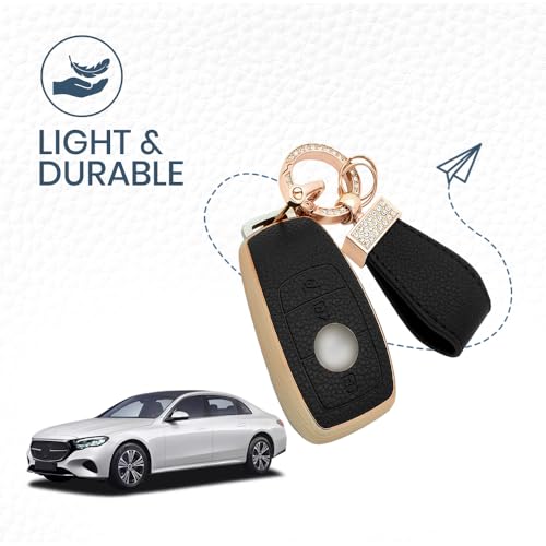 Image of Keyzone Litchi Leather Textured TPU Key Cover & Keychain for E-Class, S-Class, A-Class, C-Class, G-Class 2020 Onwards Smart Key (Black)