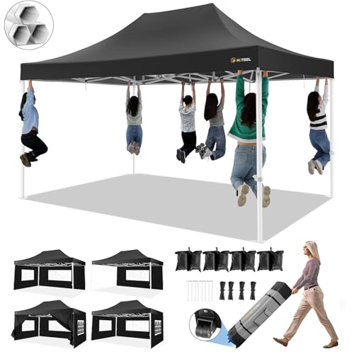 HOTEEL 10×15 Pop up Canopy Tent for Parties Heavy Duty Easy Setup Tent with 4 Sidewalls Outdoor Commercial Instant Gazebo for Wedding Event with Roller Bag Sand Bags BlackHexagonal Frame