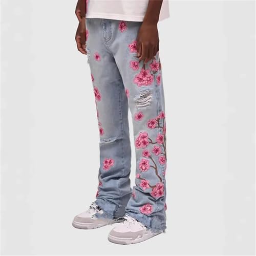 Men’s Light Blue Embroidered Streetwear Jeans - Straight Leg Ripped Graphic4