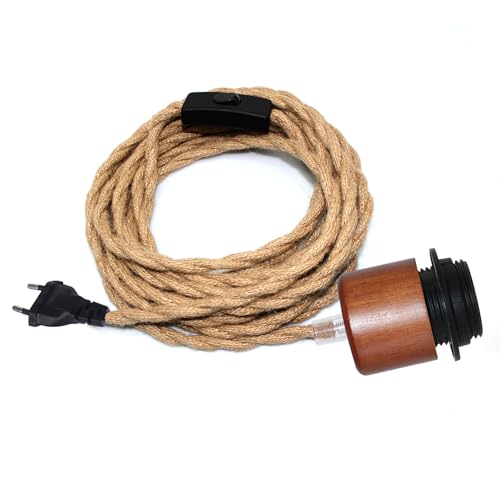 Portalampada E27 con Interruttore, 5M Lampada Corda di Canapa, Legno di Noce Porta Lampada con Spina, Portalampada con Cavo e Presa, Lampada a Sospensione in Canapa, Lampada da Terra Fai Da Te