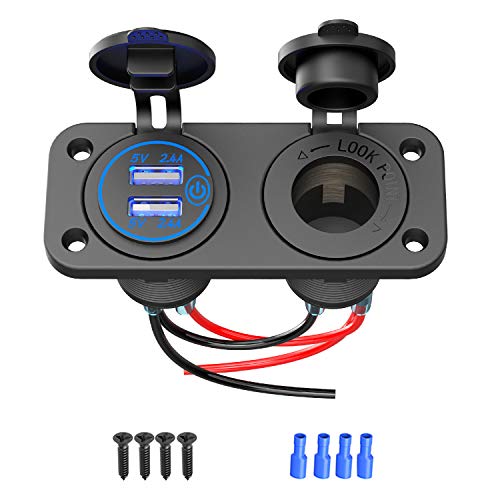 (2 in 1) Qidoe Cigarette Lighter Socket Splitter, 12V/24V Dual 2.4A USB Socket Outlet, Waterproof Detachable USB Charger with Touch Switch and Soft Blue LED for Car Boat Marine Motorcycle Golf Cart