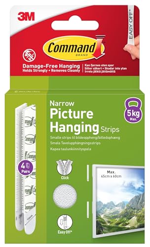 Command Narrow Picture Hanging Strips White 4 Pairs (8 Strips) - Adhesive Strips - for Pictures Frames Mirrors Wall décor - Damage Free Hanging