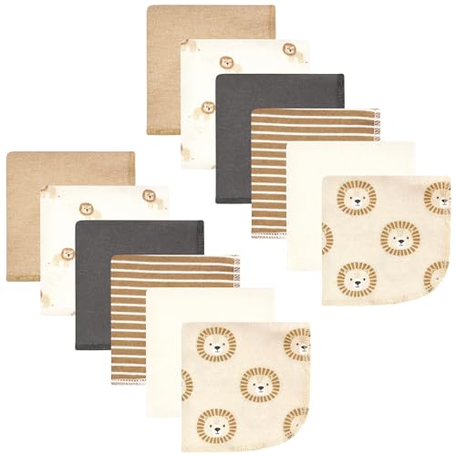 Image of Hudson Baby Unisex Baby Flannel Cotton Poly Washcloths, Brave Lion 12 Pack, One Size
