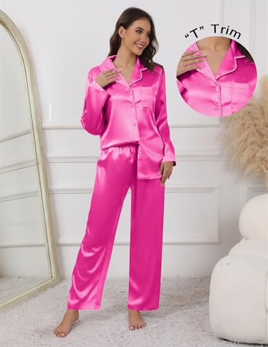 Image of Ekouaer Pajamas For Women Set Silk Pjs 2 Piece Satin Sleepwear Long Sleeve Button Down Lounge Sets With Pant