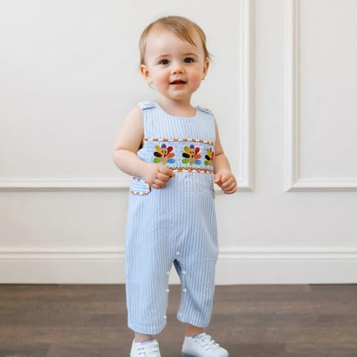 My First Thanksgiving Baby Boy Outfit Sleeveless Jumpsuit Striped Overalls Turkey Smocked Romper Newborn Clothes2