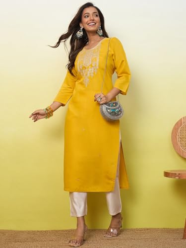 Image of Women's Silk Blend Embroidery Straight Kurta | Ethnic Kurtas for Women | Kurtis for Women Festive, Casual Office Wear Ethnic Kurta for Women