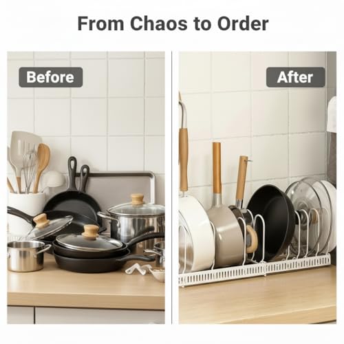 Expandable Under Cabinet Organizer Rack for Pots, Pans, Lids & Bakeware - Adjustable 10-Compartment Kitchen Storage Holder for Cabinet Door, Fits Cutting Boards, White, Expandable 11.81''-22.85''