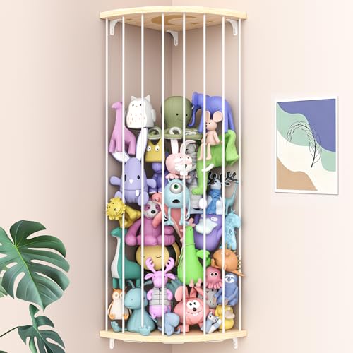 Image of Zayysoha Corner Stuffed Animal Storage Zoo, Large Adjustable Solid Wood Plush Toy Organizer, Hanging Stuffie Holder Shelf & Cage with Engraved Dinosaur Star Moon for Kids Nursery Playroom