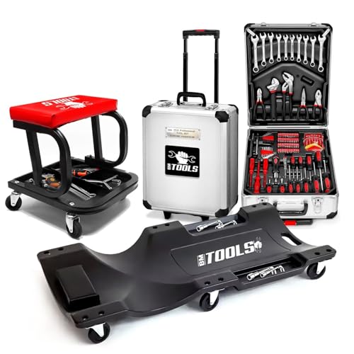 Tabouret Roulant BM TOOLS, Plateau Outils de Rangement avec Chariot de visite et Valise 399 outils, PACK Garagiste, Mécano Auto