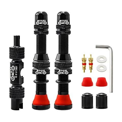 MUQZI Tubeless Schrader Valve Stems Kits - Alloy 60mm Bike No Tubes Valve Schrader Stems Universal for MTB Rim Tubeless Valve with Removal Tool, Black Cover