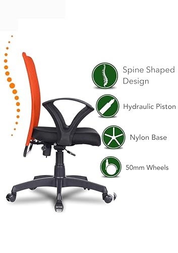 Image of Office Arm Chair with Metallic Frame, Mesh Back, Nylon Base, and Adjustable Handle, Cushion Fabric (Orange)