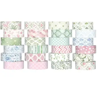Gueevin 24 Rolls Watercolor Floral Washi Tape Set 15 mm Seasonal Flower Decorative Washi Tape for Craft Arts DIY Scrapbook Journaling Supplies Gift Wrapping