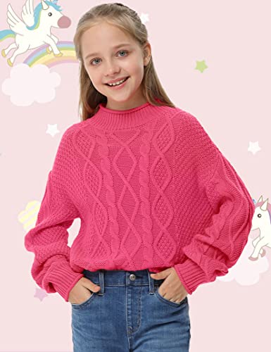 Girls Sweater Pullover Cable Knit Long Sleeve Turtleneck Chunky Warm Top Hot Pink #TOP1