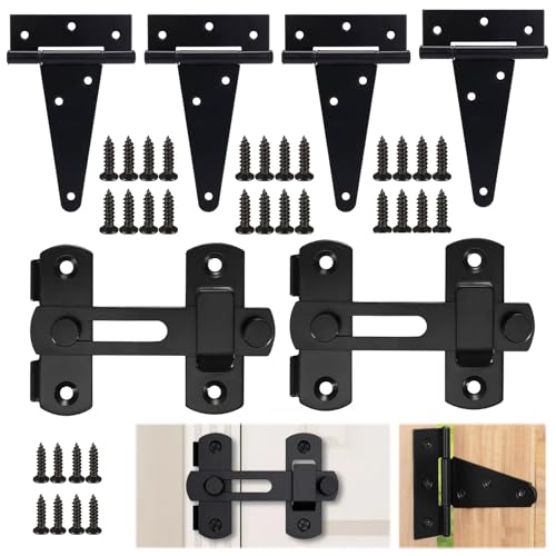 Lot de 6 Charnières en T Noires, 4 Pouces Charniere Porte Lourde, Charnière Porte Placard, Charnière de Porte en Bois Métallique, Avec 30 Vis pour Portes de Hangar, Portes de Jardin, Porte en Bois